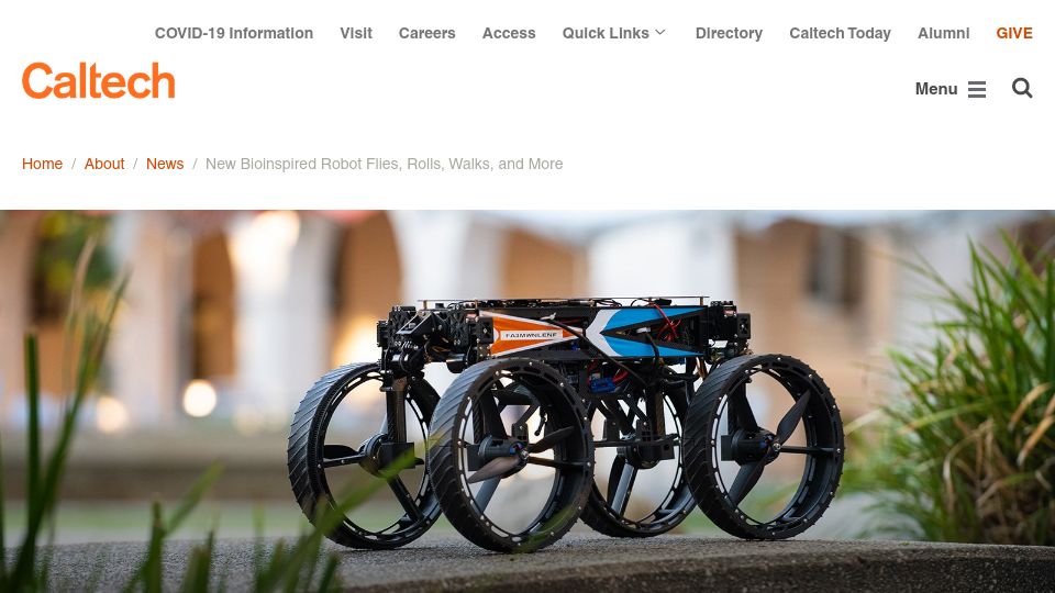 Screenshot of caltech.edu: New bioinspired robot flies, rolls, walks, and more