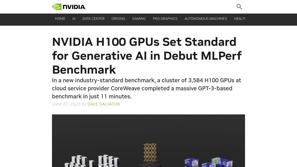 Screenshot of blogs.nvidia.com: H100 GPUs Set Standard for Gen AI in Debut MLPerf Benchmark