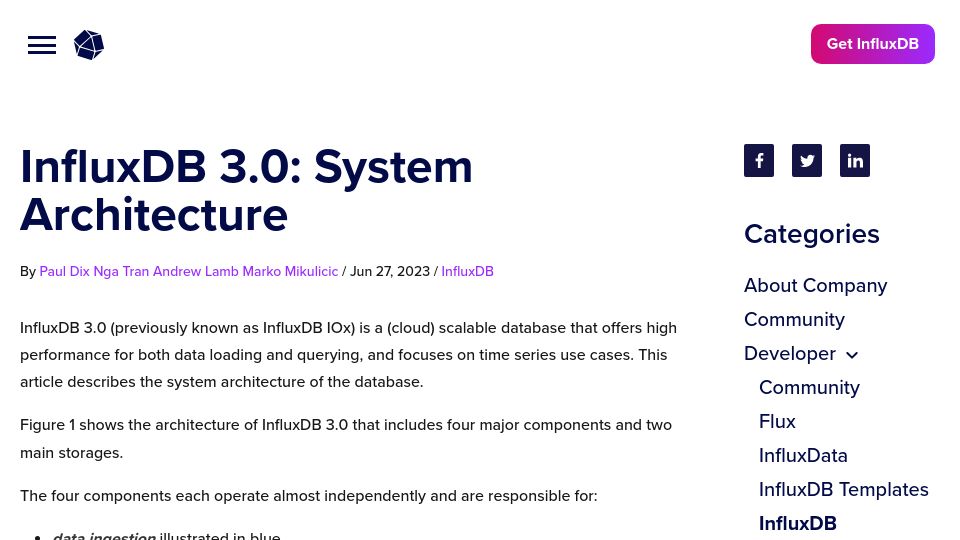 Screenshot of influxdata.com: InfluxDB 3.0 System Architecture