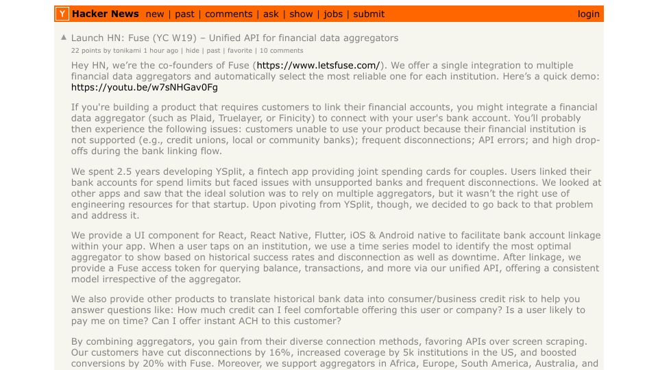 Screenshot of Hacker News post: Launch HN: Fuse (YC W19) – Unified API for financial data aggregators