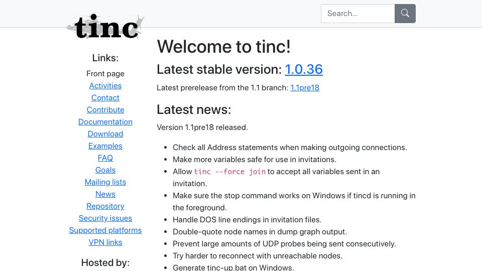 Screenshot of tinc-vpn.org: Tinc, a GPLv2 mesh routing VPN