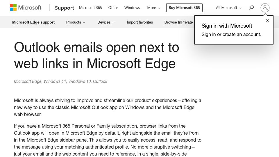 Screenshot of support.microsoft.com: Outlook now ignores Windows' Default Browser and opens links in Edge by default