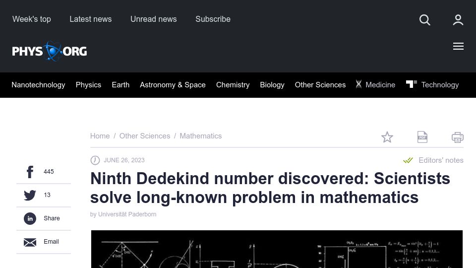 Screenshot of phys.org: Ninth Dedekind number discovered: long-known problem in mathematics solved