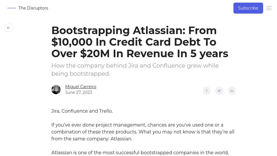 Screenshot of thedisruptors.beehiiv.com: Bootstrapping Atlassian: $10k In Credit Card Debt To $20M In Revenue In 5 years