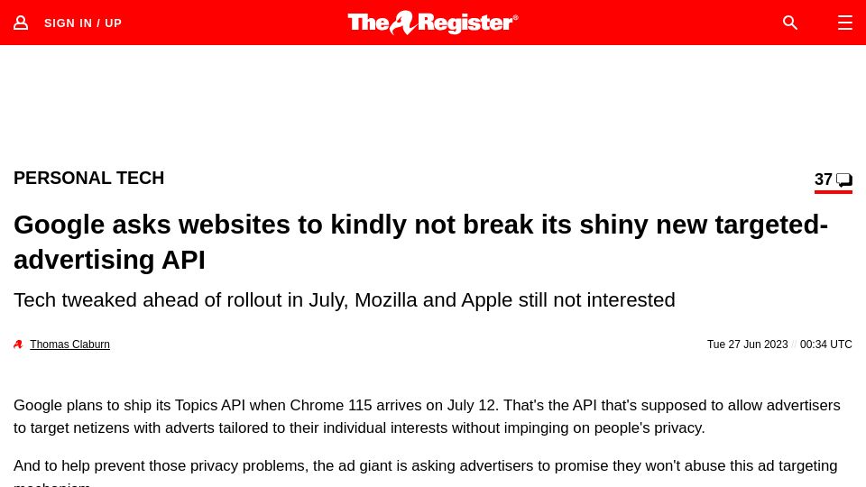 Screenshot of theregister.com: Google asks websites to kindly not break its shiny new targeted-advertising API