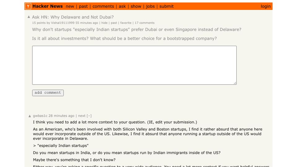 Screenshot of Hacker News post: Ask HN: Why Delaware and Not Dubai?