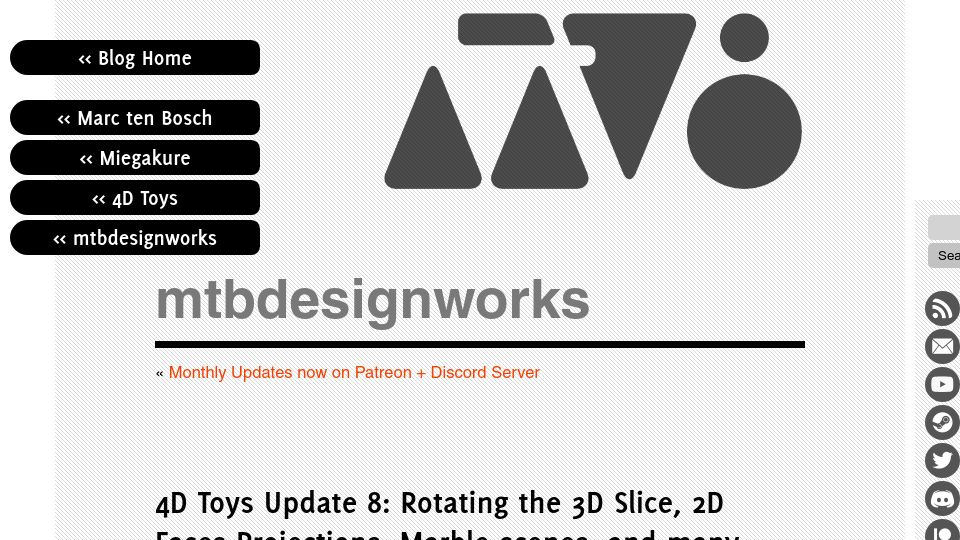 Screenshot of marctenbosch.com: 4D Toys Update 8: Rotating the 3D Slice, 2D Faces Projections, Marble Scenes