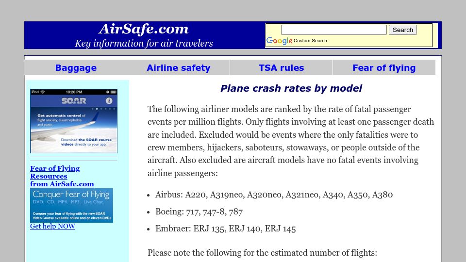 Screenshot of airsafe.com: Plane crash rates by model