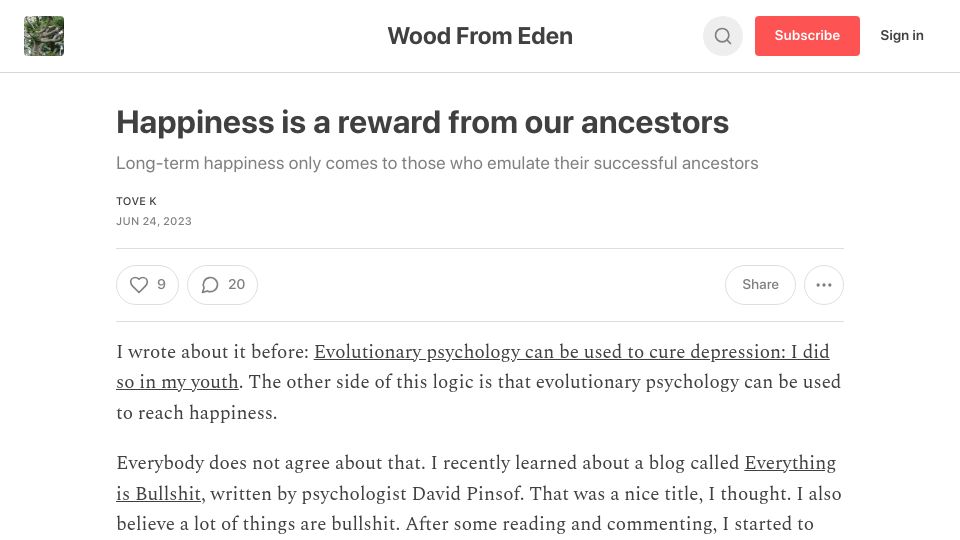 Screenshot of woodfromeden.substack.com: Happiness is a reward from our ancestors