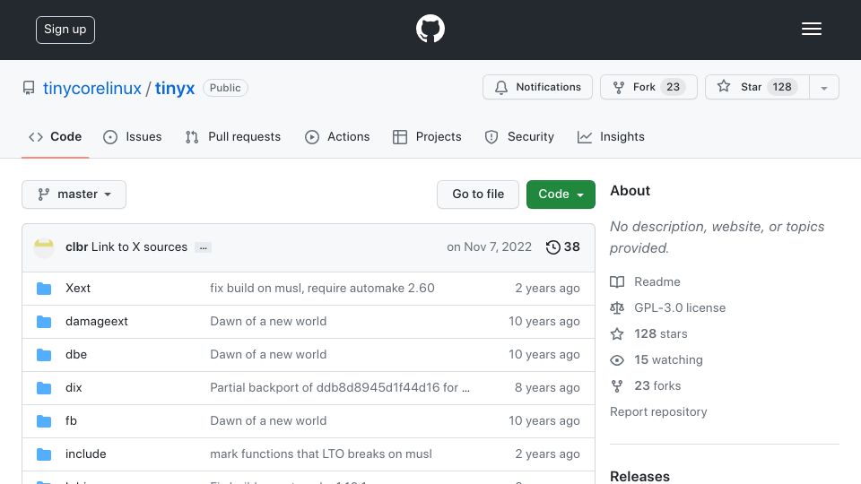 Screenshot of github.com: Tinyx – Resurrected Xvesa from the depths of Git history