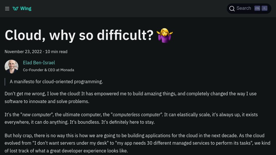 Screenshot of winglang.io: Cloud, Why So Difficult?