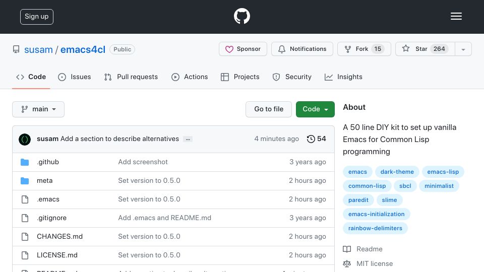 Screenshot of github.com: Emacs4CL: A DIY kit to set up vanilla Emacs for Common Lisp programming
