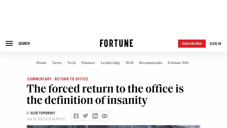 Screenshot of fortune.com: The forced return to the office is the definition of insanity