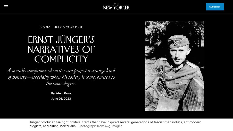 Screenshot of newyorker.com: Ernst Jünger’s narratives of complicity
