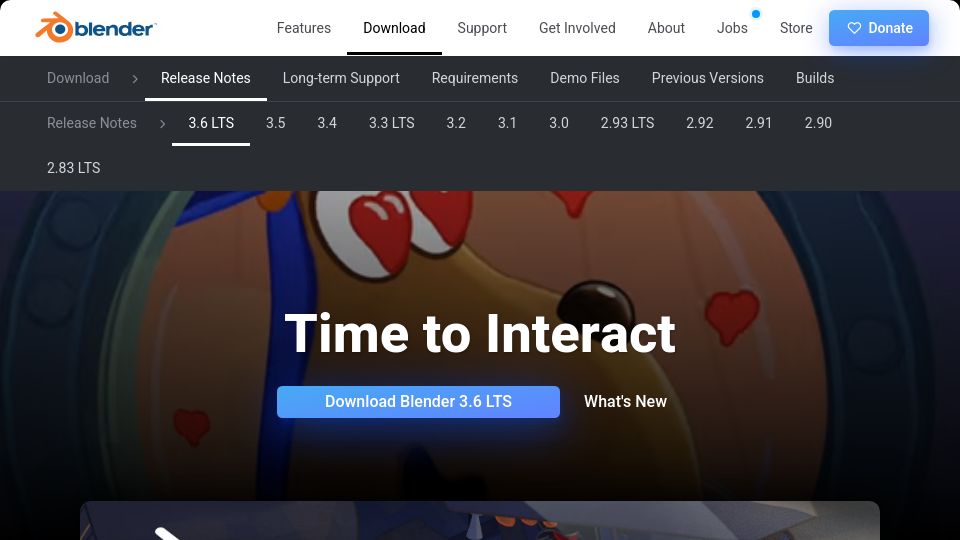 Screenshot of blender.org: Blender 3.6 LTS Released