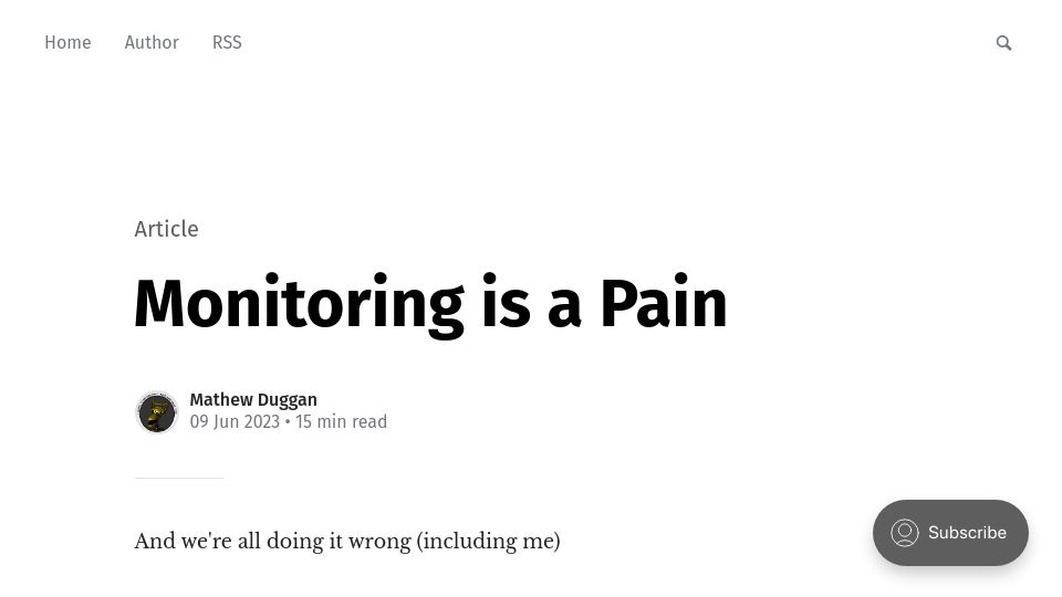 Screenshot of matduggan.com: Monitoring Is a Pain