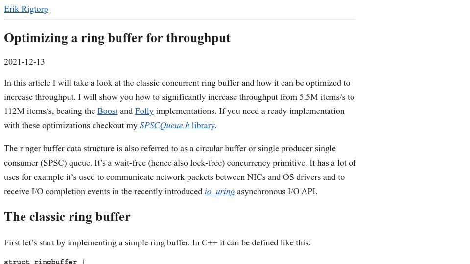Screenshot of rigtorp.se: Optimizing a ring buffer for throughput (2021)