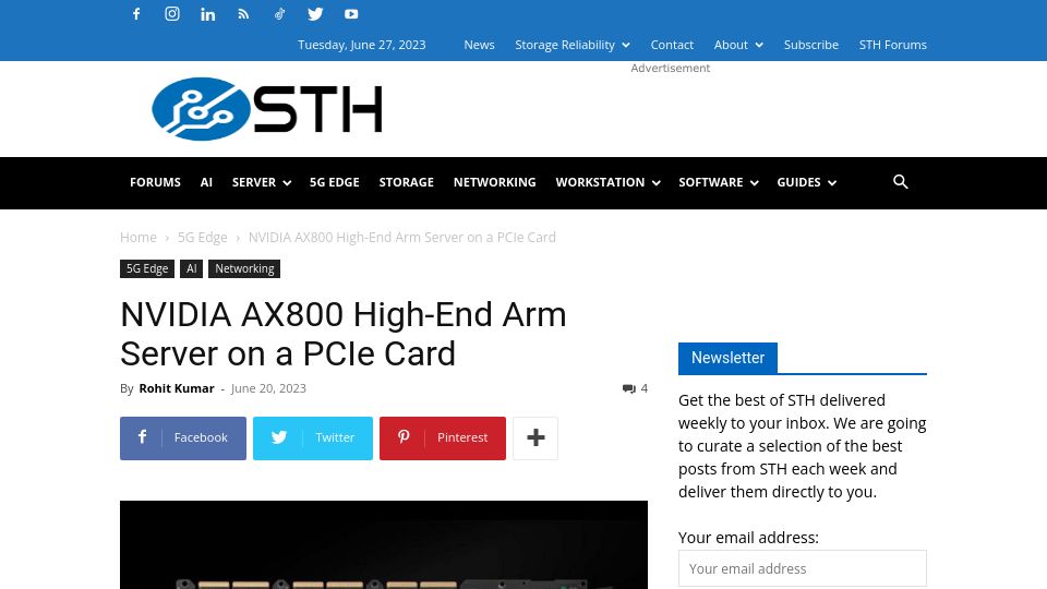 Screenshot of servethehome.com: Nvidia AX800 High-End Arm Server on a PCIe Card