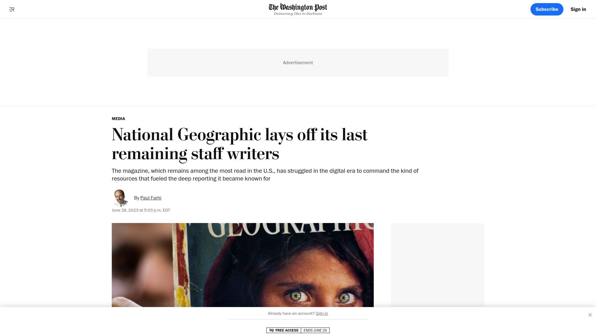 Screenshot of washingtonpost.com: National Geographic lays off its last remaining staff writers