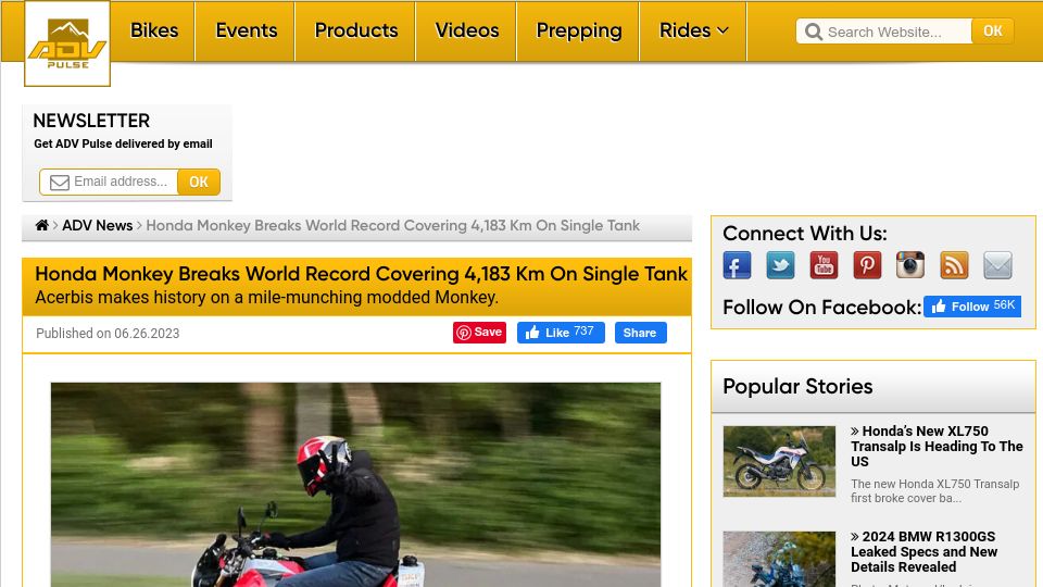 Screenshot of advpulse.com: Honda Monkey Breaks World Record Covering 4,183 Km on Single Tank