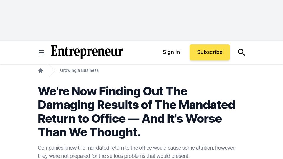 Screenshot of entrepreneur.com: The damaging results of mandated return to office