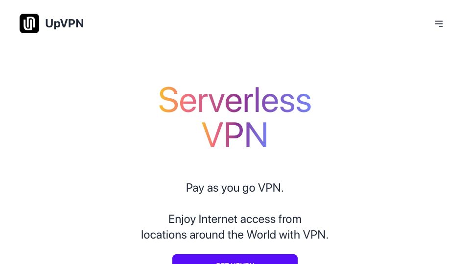 Screenshot of upvpn.app: Show HN: Serverless VPN, pay as you go, unlimited devices, no subscriptions