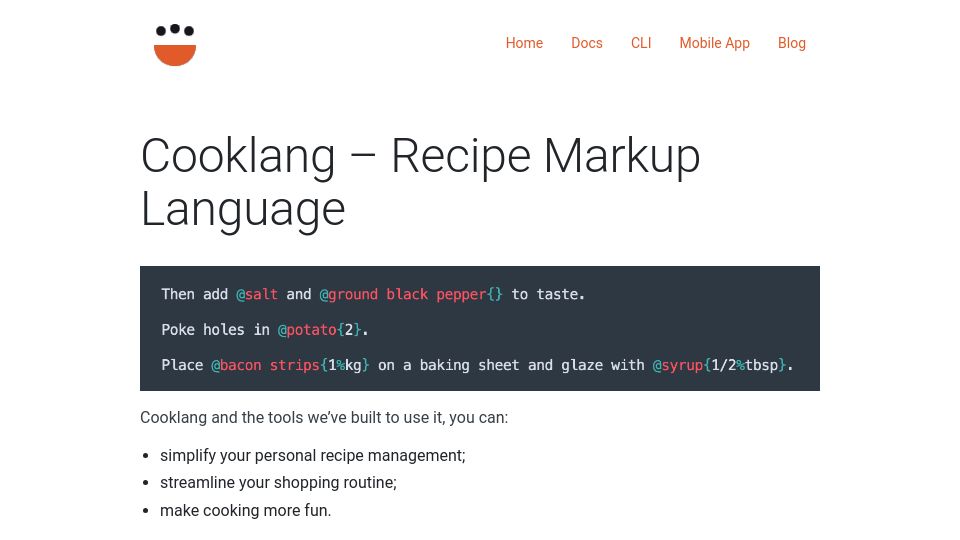 Screenshot of cooklang.org: Cooklang – Recipe Markup Language