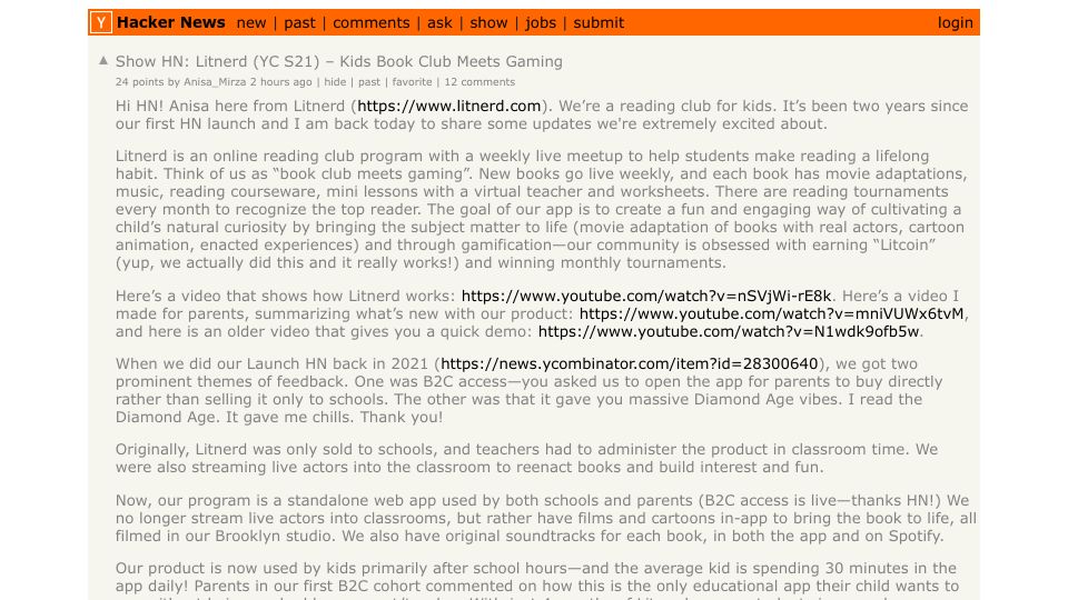 Screenshot of Hacker News post: Show HN: Litnerd (YC S21) – Kids Book Club Meets Gaming