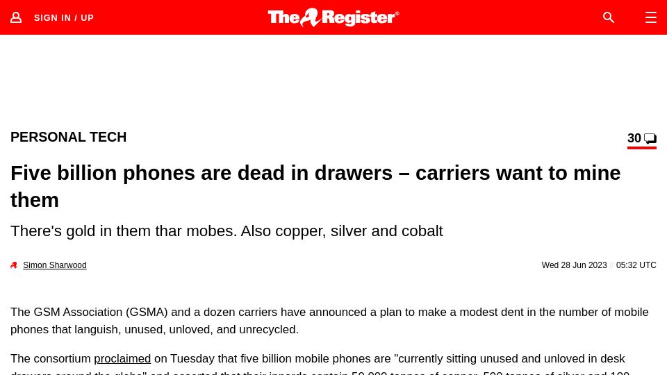 Screenshot of theregister.com: Five billion phones are dead in drawers – carriers want to mine them