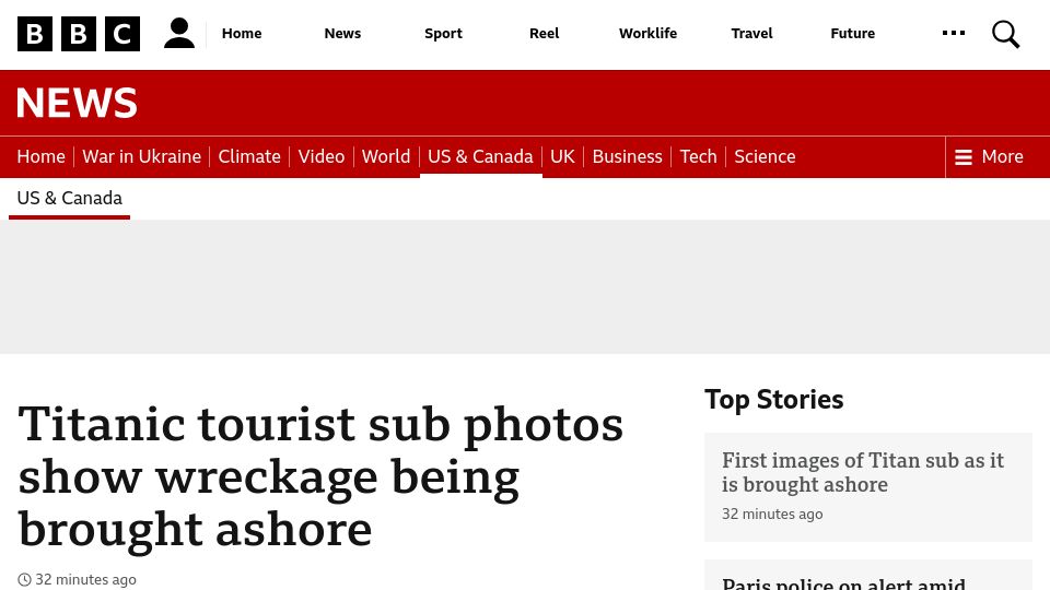 Screenshot of bbc.com: Titanic tourist sub photos show wreckage being brought ashore