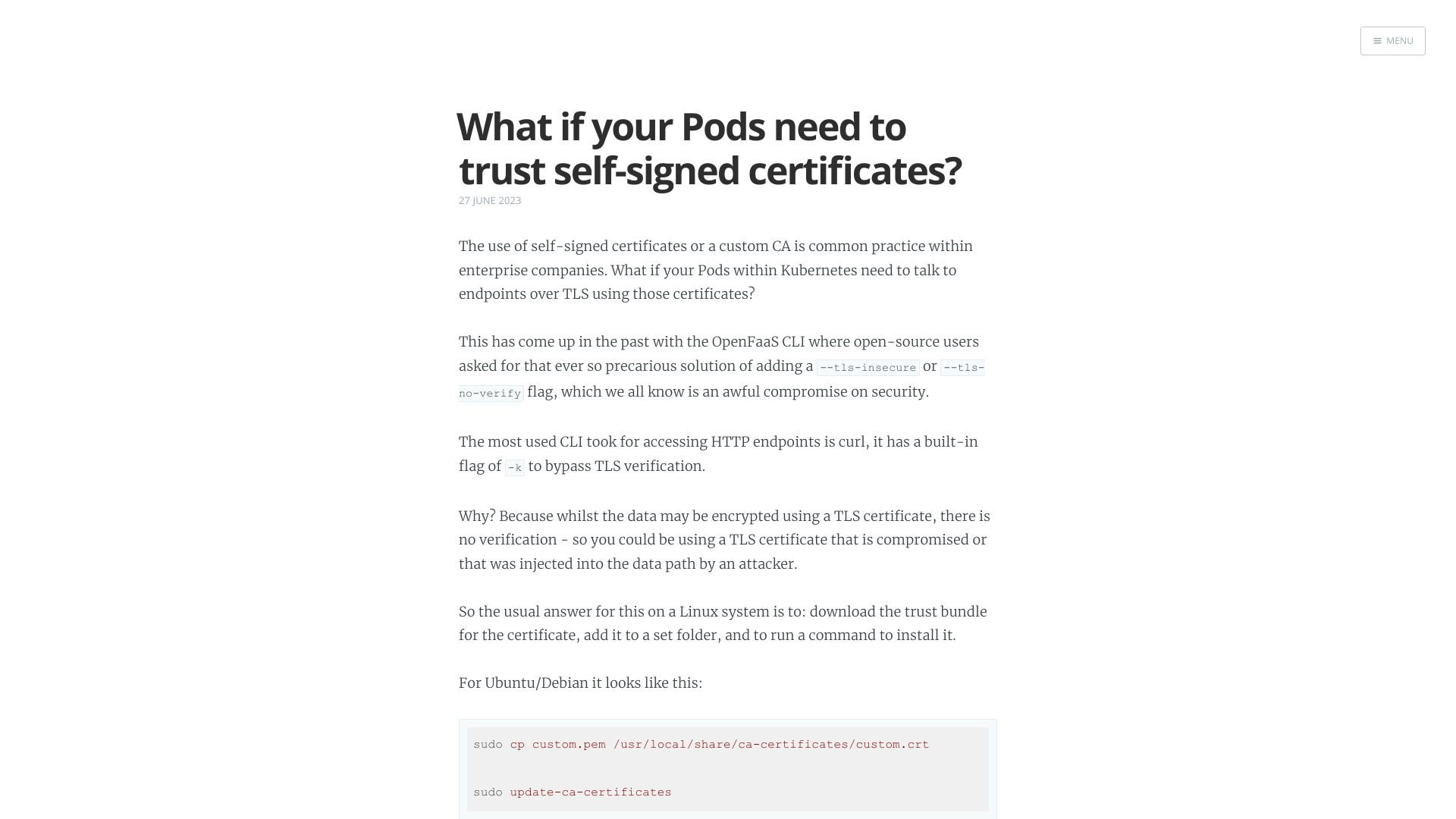 Screenshot of blog.alexellis.io: What if your Pods need to trust self-signed certificates?