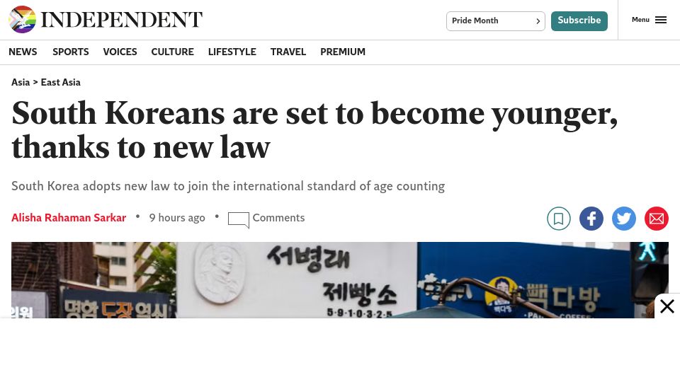 Screenshot of independent.co.uk: South Korea adopts new law to join the international standard of age counting