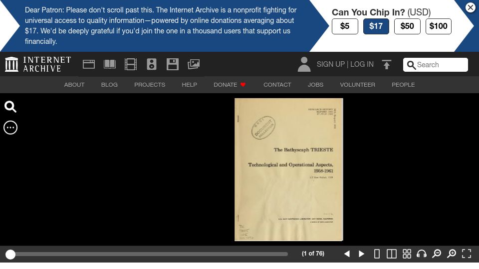Screenshot of archive.org: The Bathyscaph Trieste: Technological and Operational Aspects (1962)