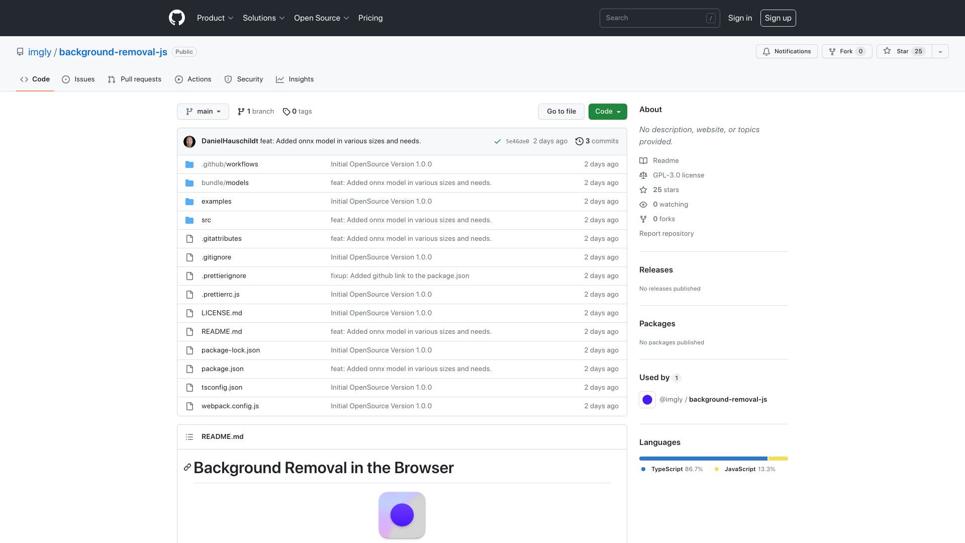 Screenshot of github.com: Show HN: Open-source background removal in the browser