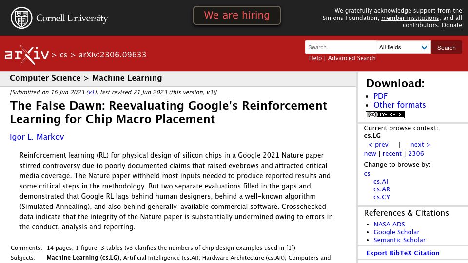 Screenshot of arxiv.org: The False Dawn: Reevaluating Google's RL for Chip Macro Placement