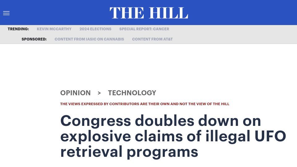 Screenshot of thehill.com: US Congress doubles down on claims of illegal UFO retrieval programs