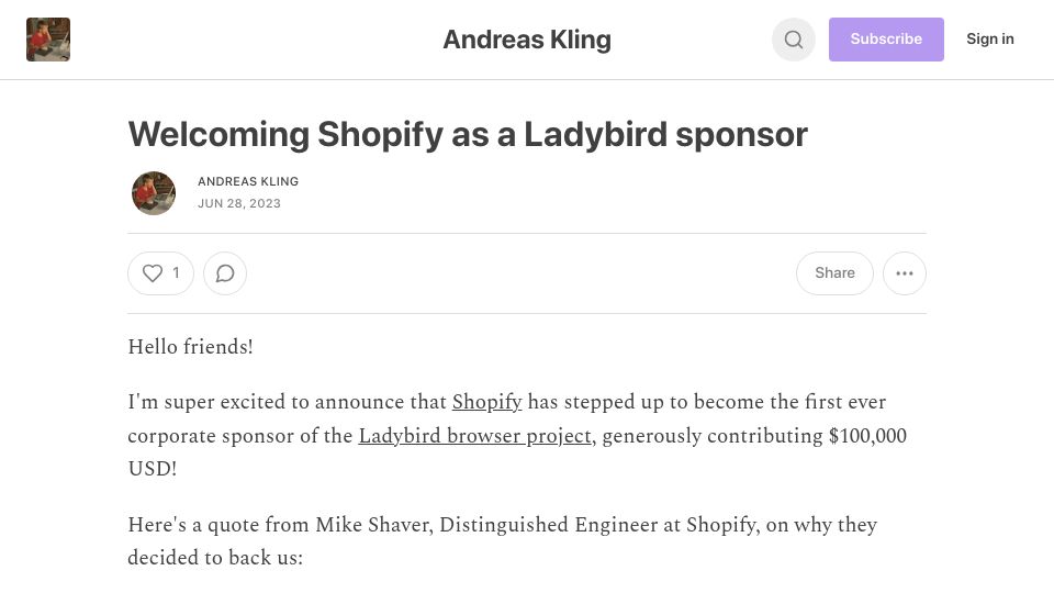 Screenshot of awesomekling.substack.com: Welcoming Shopify as a Ladybird sponsor