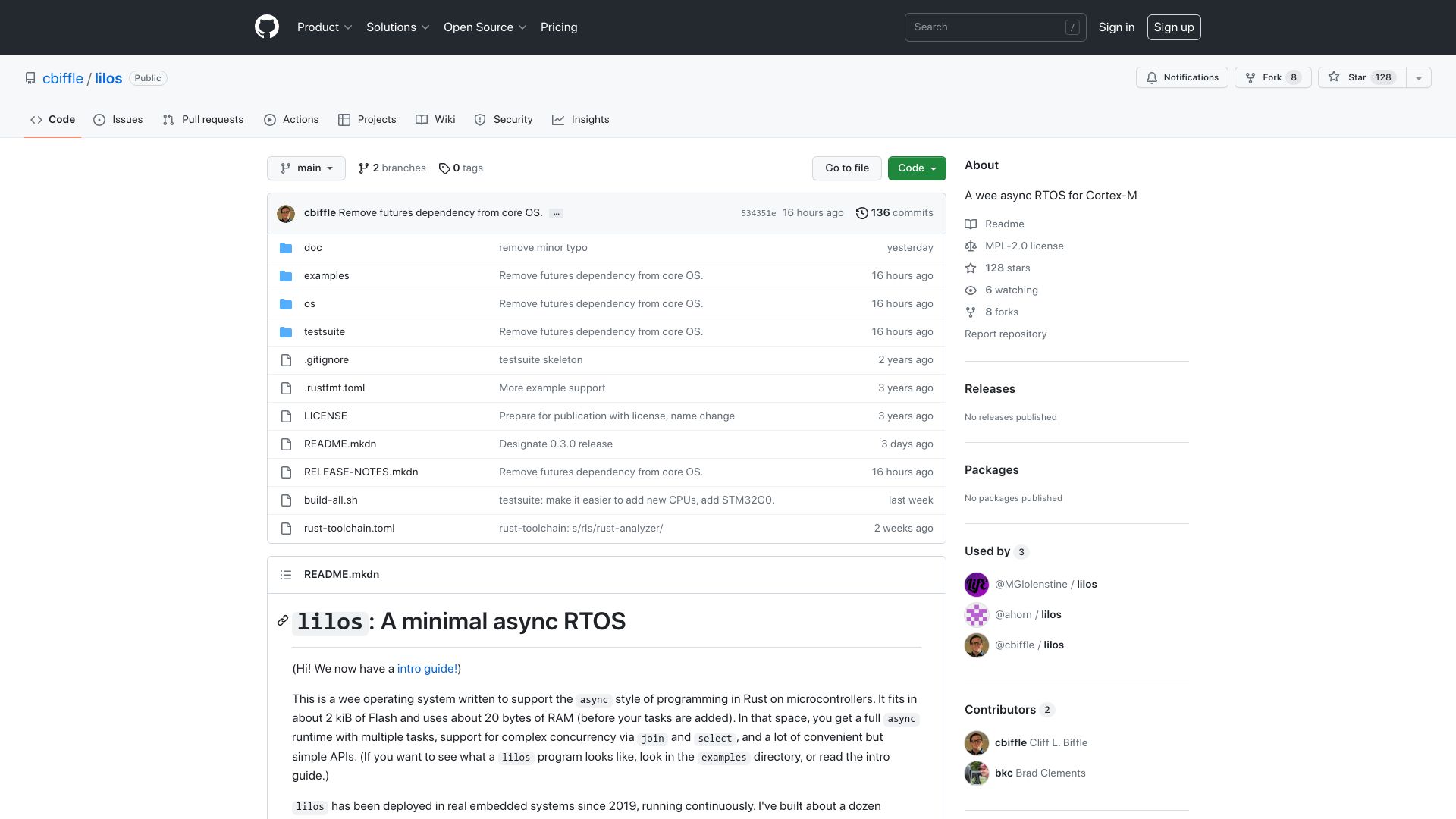 Screenshot of github.com: Lilos: A wee async RTOS for Cortex-M