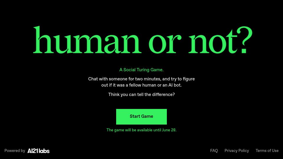 Screenshot of app.humanornot.ai: Human Or Not: Guess if you're chatting with an AI or a Human