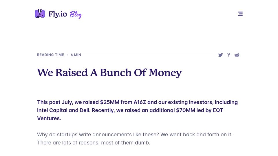 Screenshot of fly.io: We raised a bunch of money
