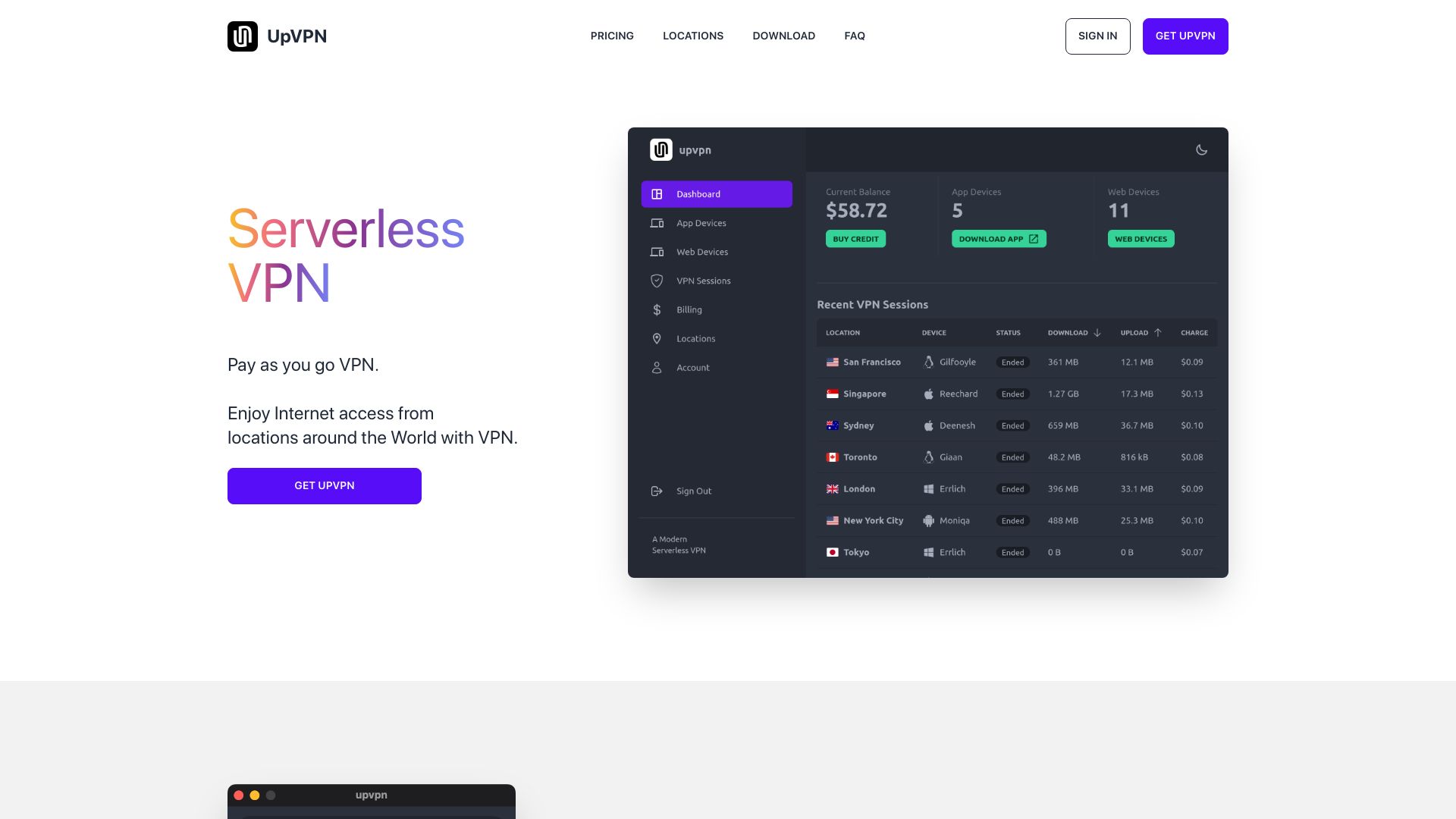 Screenshot of upvpn.app: Show HN: Serverless VPN, pay as you go, unlimited devices, no subscriptions