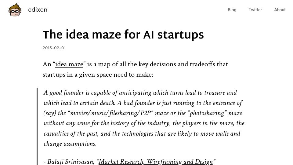 Screenshot of cdixon.org: The idea maze for AI startups (2015)