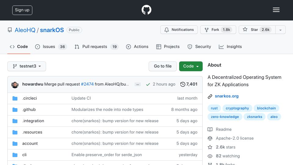 Screenshot of github.com: SnarkOS: A Decentralized Operating System for Zero-Knowledge Applications