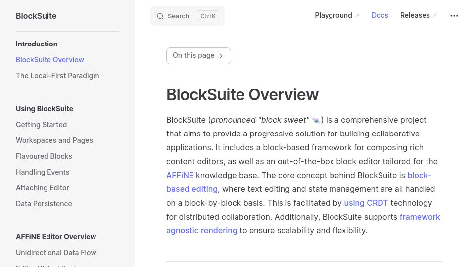 Screenshot of blocksuite.affine.pro: BlockSuite: An open-source Notion-like editor with multiplayer support