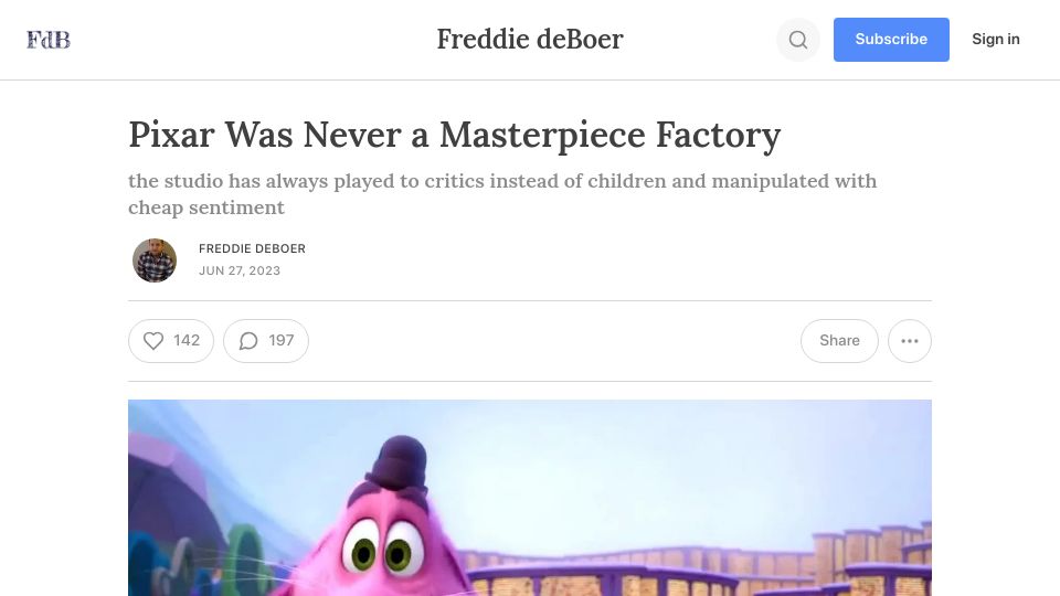 Screenshot of freddiedeboer.substack.com: Pixar was never a masterpiece factory