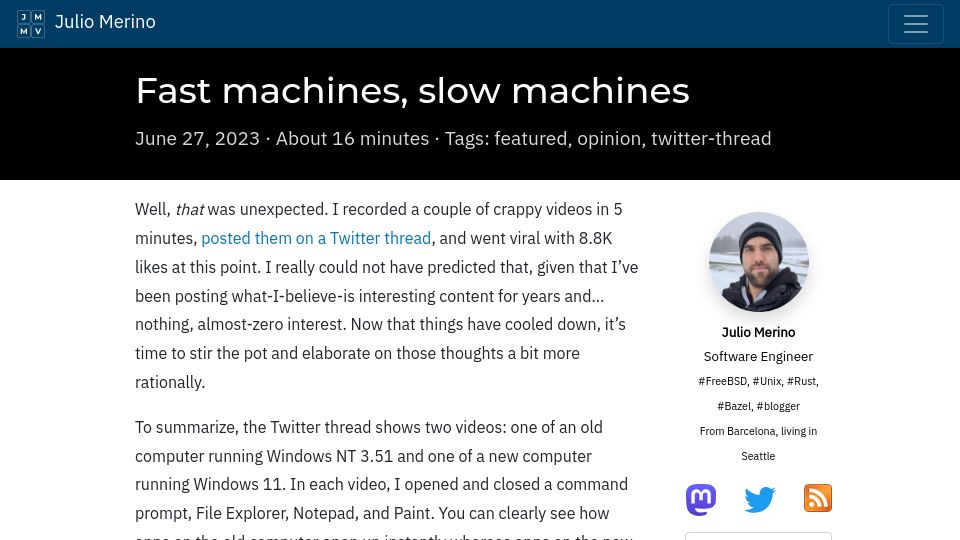 Screenshot of jmmv.dev: Fast machines, slow machines