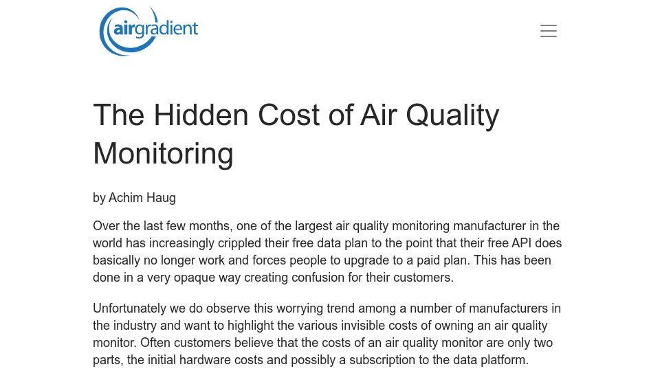 Screenshot of airgradient.com: The hidden cost of air quality monitoring