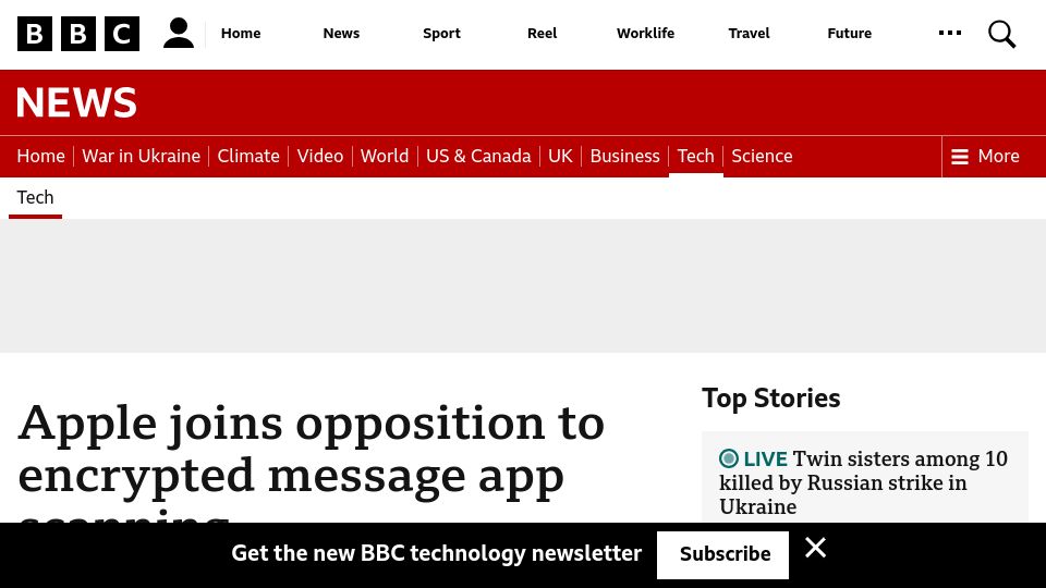 Screenshot of bbc.com: Apple joins opposition to encrypted message app scanning