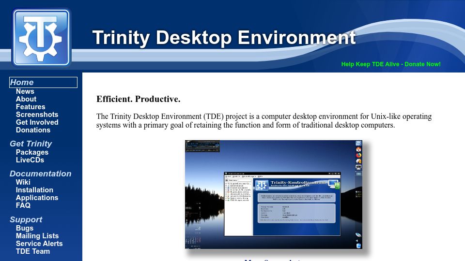 Screenshot of trinitydesktop.org: Trinity Desktop Environment – a modern KDE3 fork
