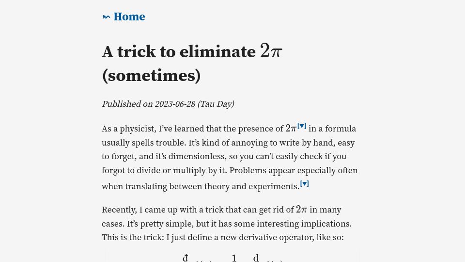 Screenshot of marci.gunyho.com: A trick to eliminate 2π (sometimes)